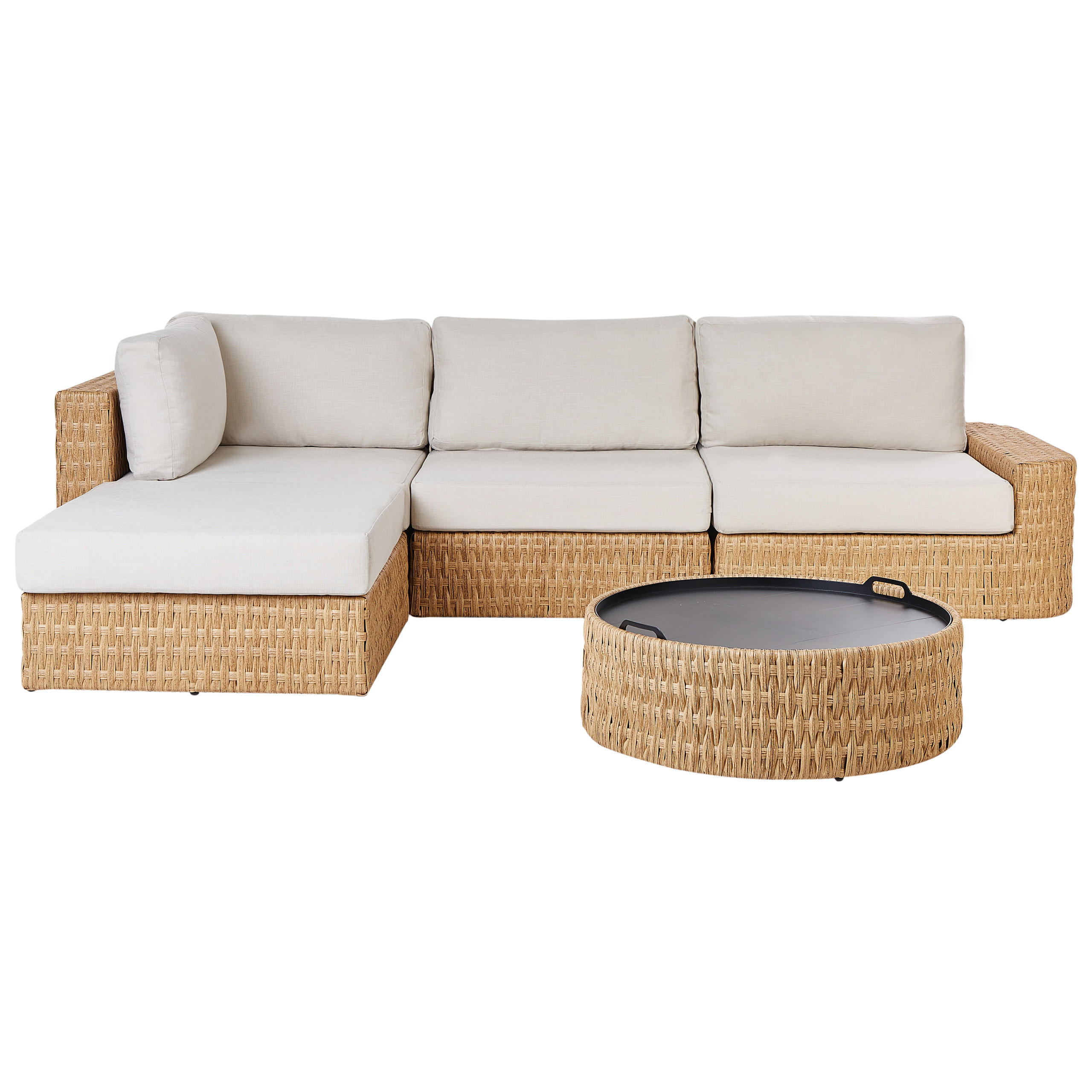 GARTEN-ECKSOFA mit Tisch 4-Sitzer Polyrattan rechtsseitig Beige Oliveri - Beige/Naturfarben, Kunststoff - Beliani