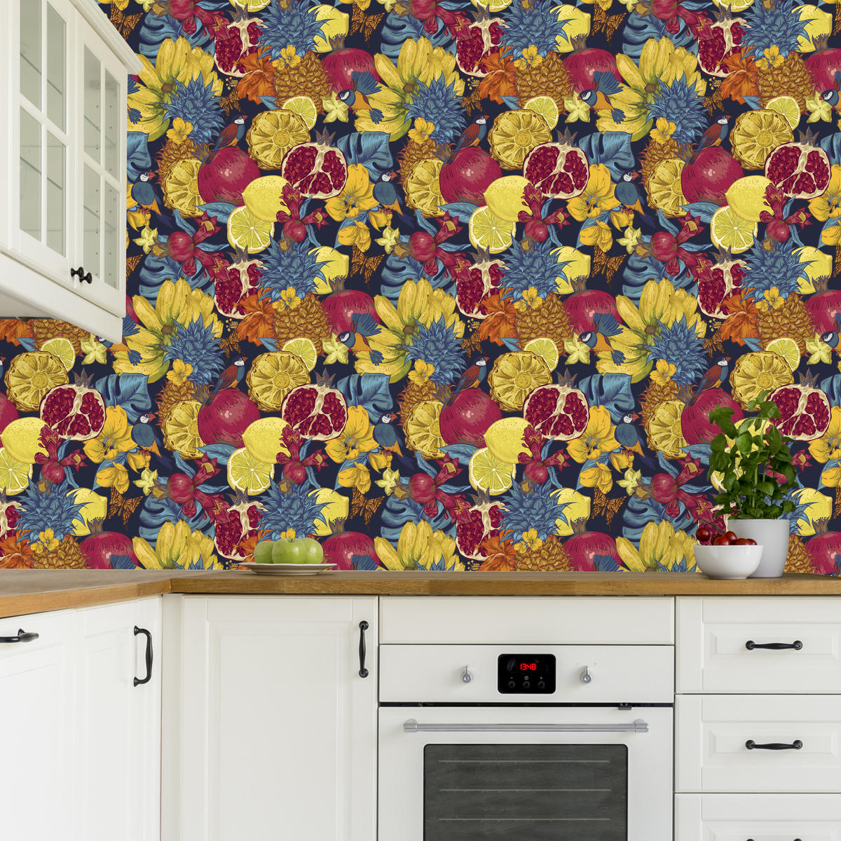 VLIESTAPETE Tropische Früchte, Blüten und Vögel – Bunt, Dunkelblau – 50x1000 cm - Multicolor/Dunkelblau, Papier (50/1000cm) - Muralo