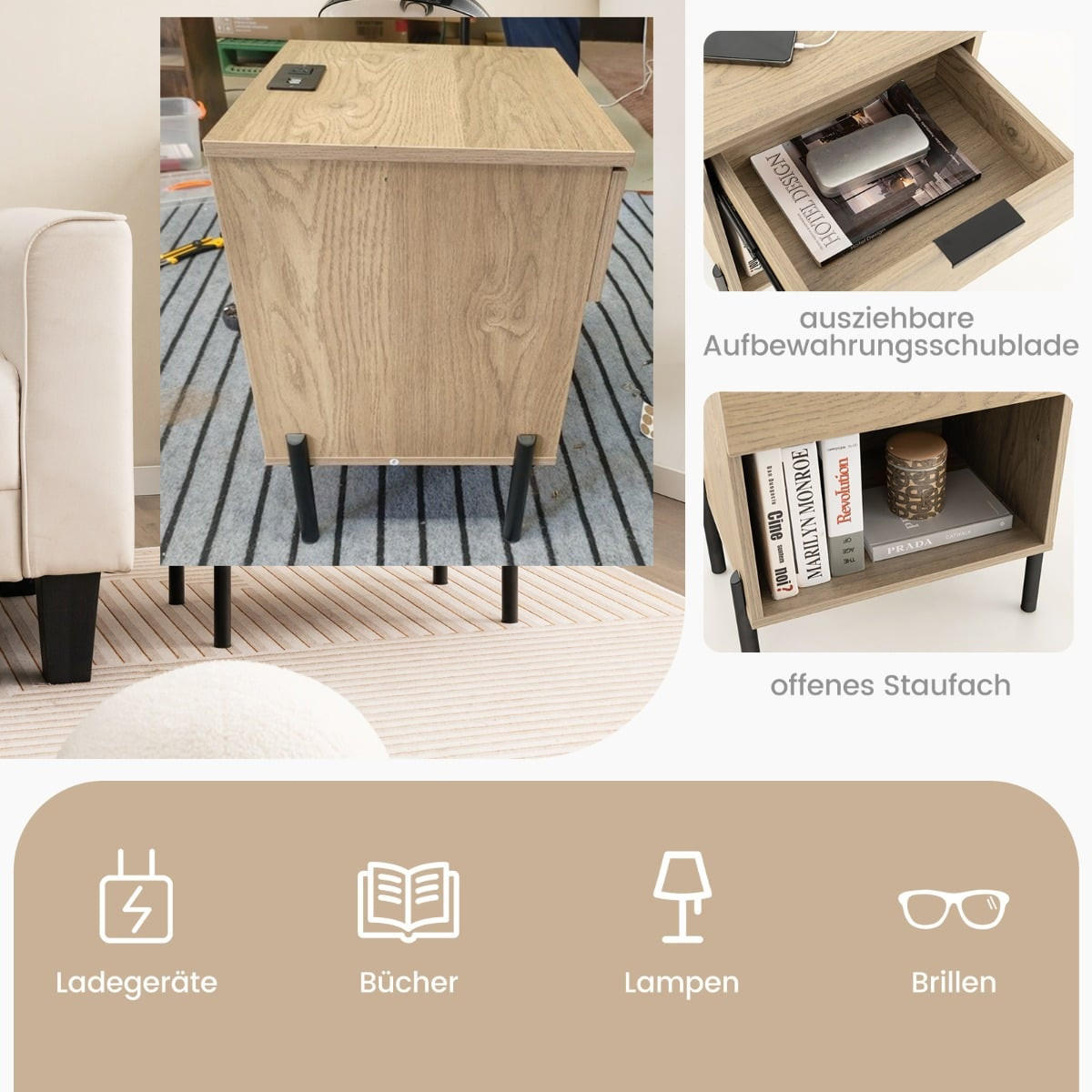 NACHTTISCH mit integrierter Ladestation, Schublade und offenem Fach - Edelstahlfarben/Naturfarben, Holzwerkstoff/Metall (40/58/45cm) - DESIGN IN