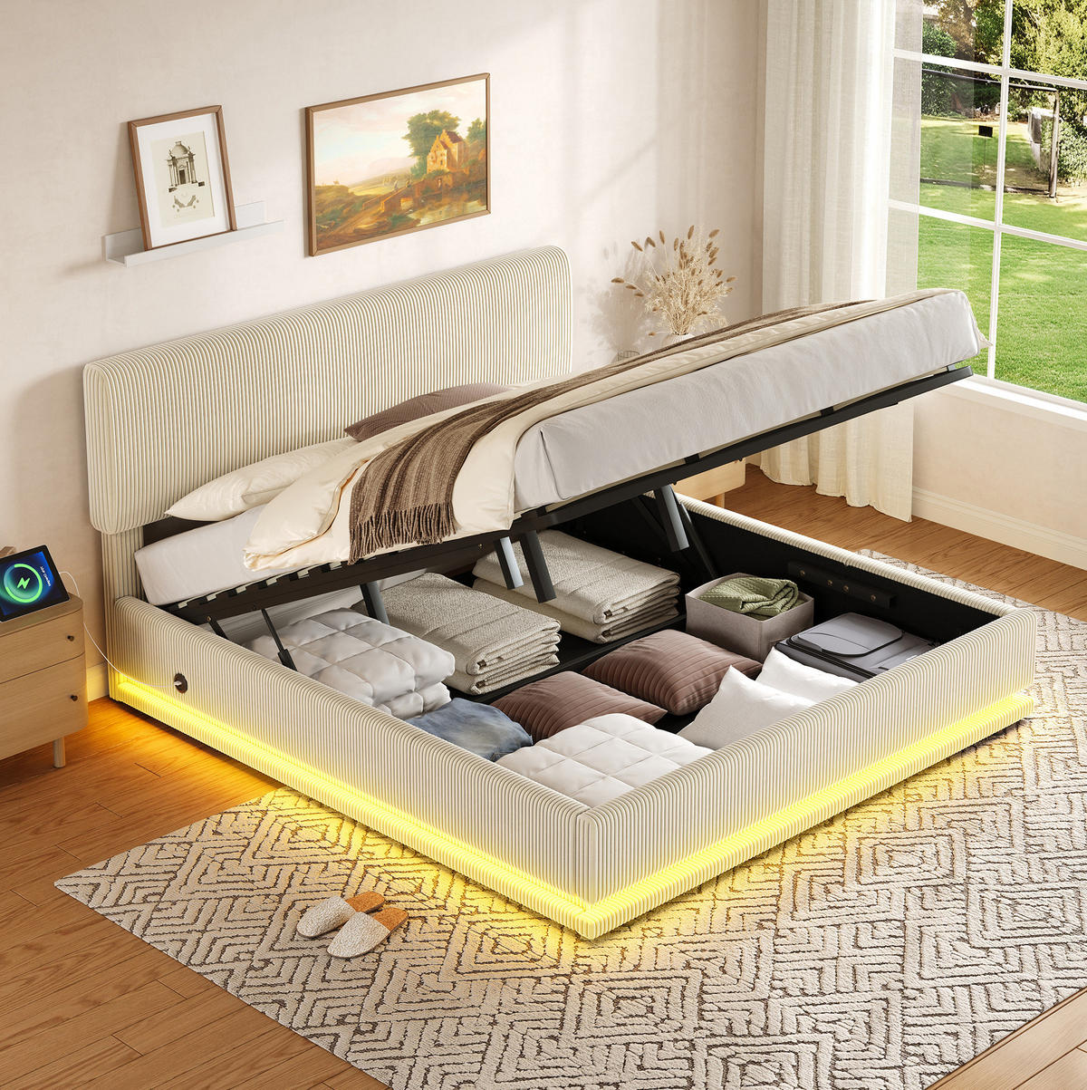 POLSTERBETT 180/200 cm mit LED-Beleuchtung, USB-C-Anschluss, höhenverstellbarem Kopfteil und Stauraum, Beige - Beige, Textil (180/200cm) - Redom