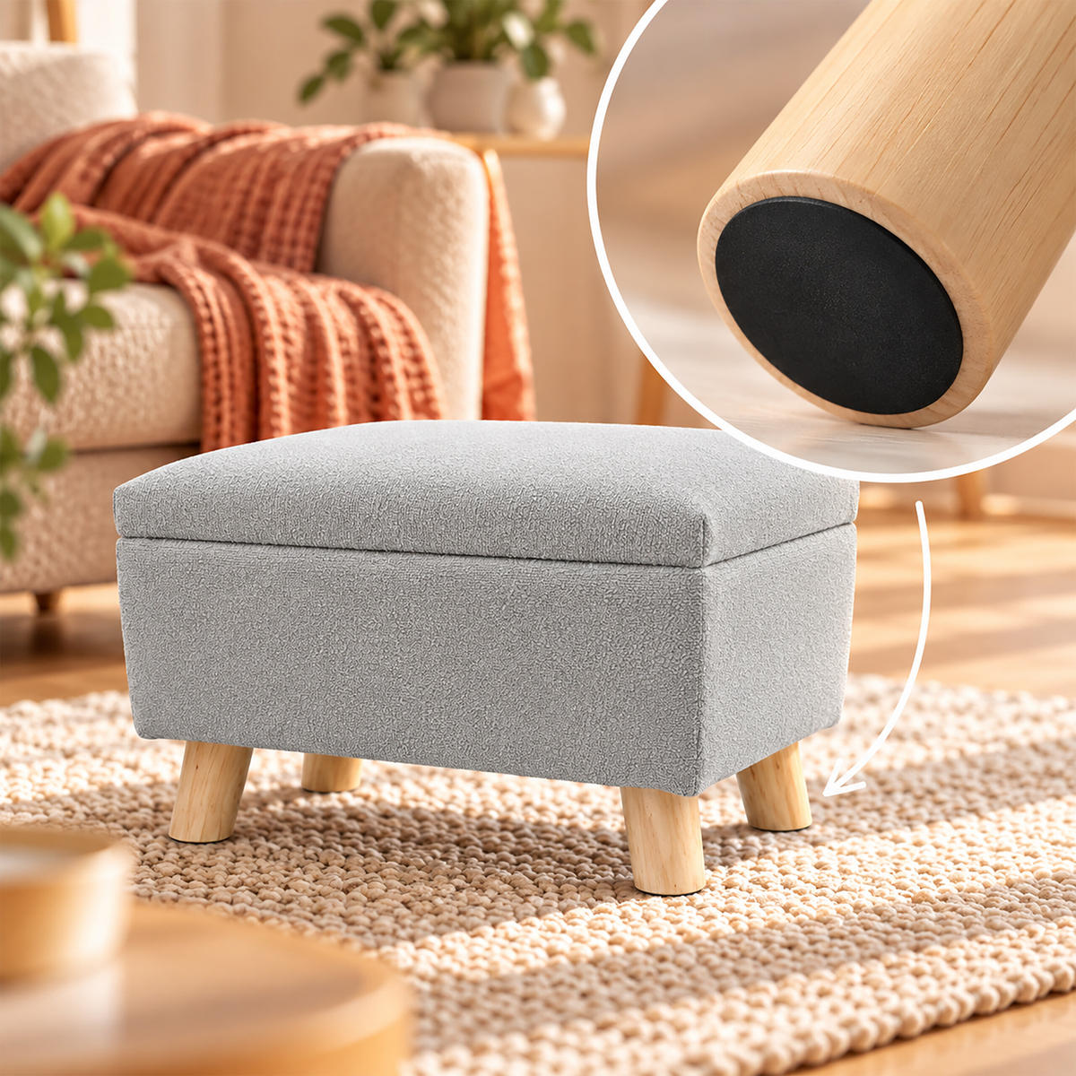 PODNOŽKA Světle šedá s úložným prostorem bouclé dřevěné nohy - šedá, dřevo/plast (40/28/30cm) - Relaxdays