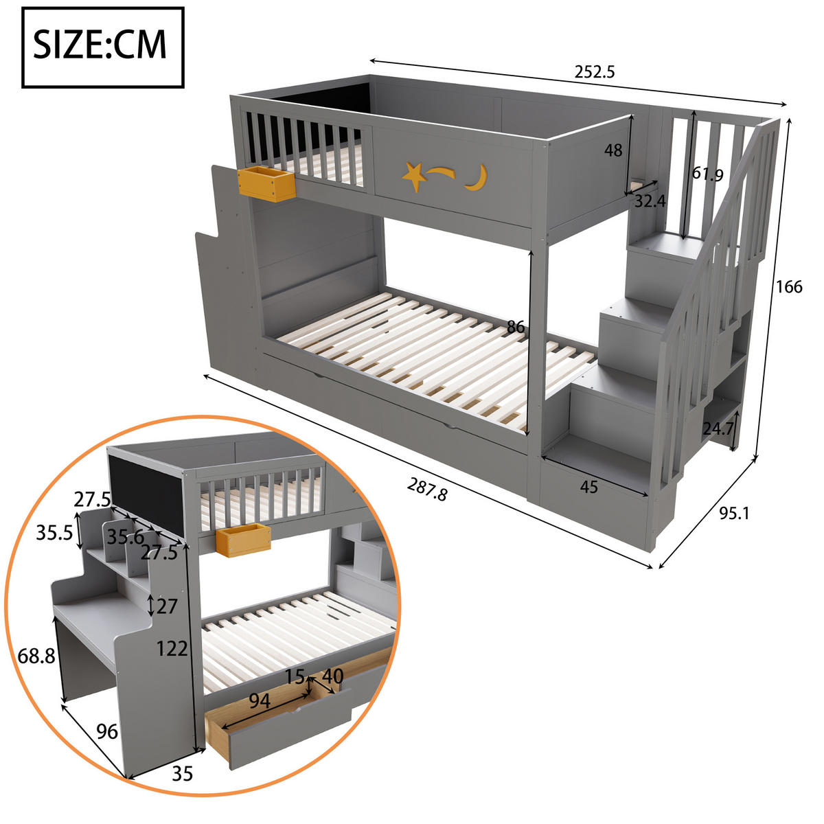 ETAGENBETT 90/200 cm Grau - Grau, Holz - Raumix