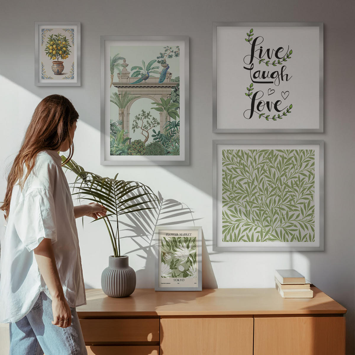 WANDBILDER 5er Set - 50x50 cm & 20x30 cm & 40x60 cm Silberner Rahmen - Grüne Blätter exotischer Pflanzen - Silberfarben, Kunststoff (40/60cm) - ArtPrintCave
