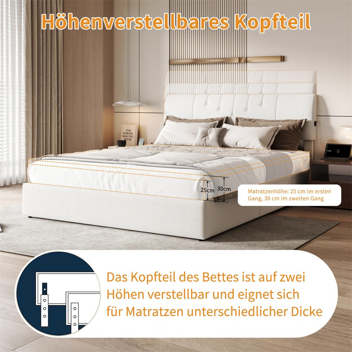POLSTERBETT 140x200 cm mit hydraulischem Stauraum - USB-Ladeanschlüssen - Gepolstertes Kopfteil - ohne Matratze - Creme, Textil (140/200cm) - DELFA