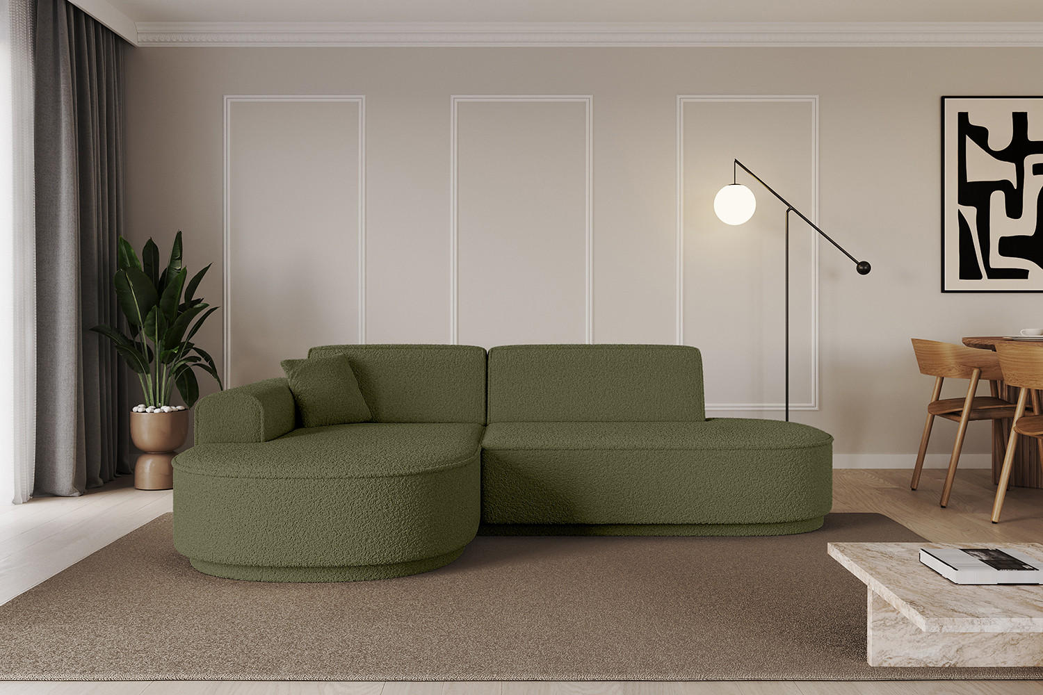 ECKSOFA Ottomane Links MARI-L1-v3 - 243x171x83 cm Grün Bouclé - Schwarz/Grün, Holzwerkstoff/Kunststoff (243/171cm) - ALTDECOR