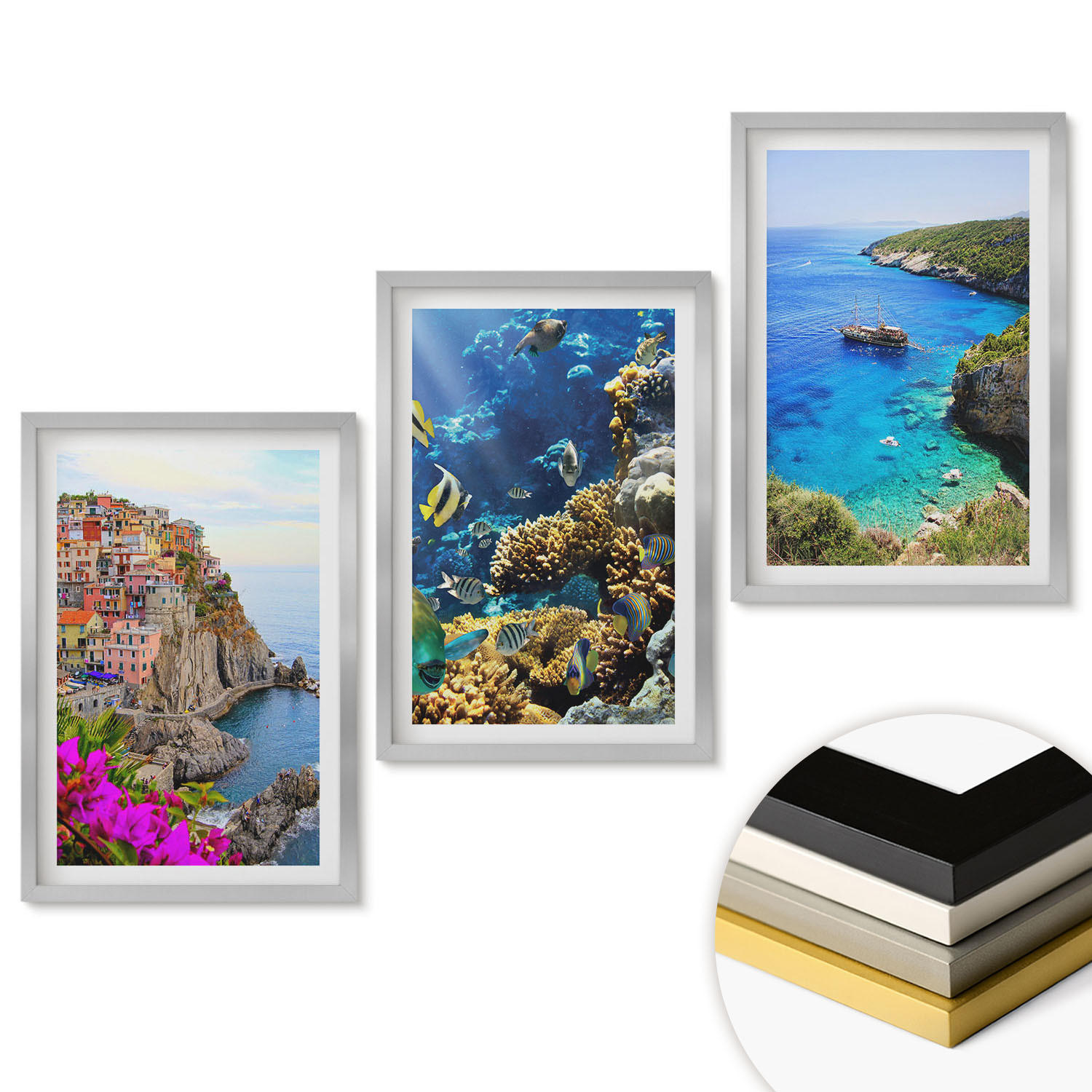 WANDBILDER 3er Set - 40x60 cm Silberner Rahmen - Meerblick, farbenfrohe Häuser - Silberfarben, Kunststoff (40/60cm) - ArtPrintCave