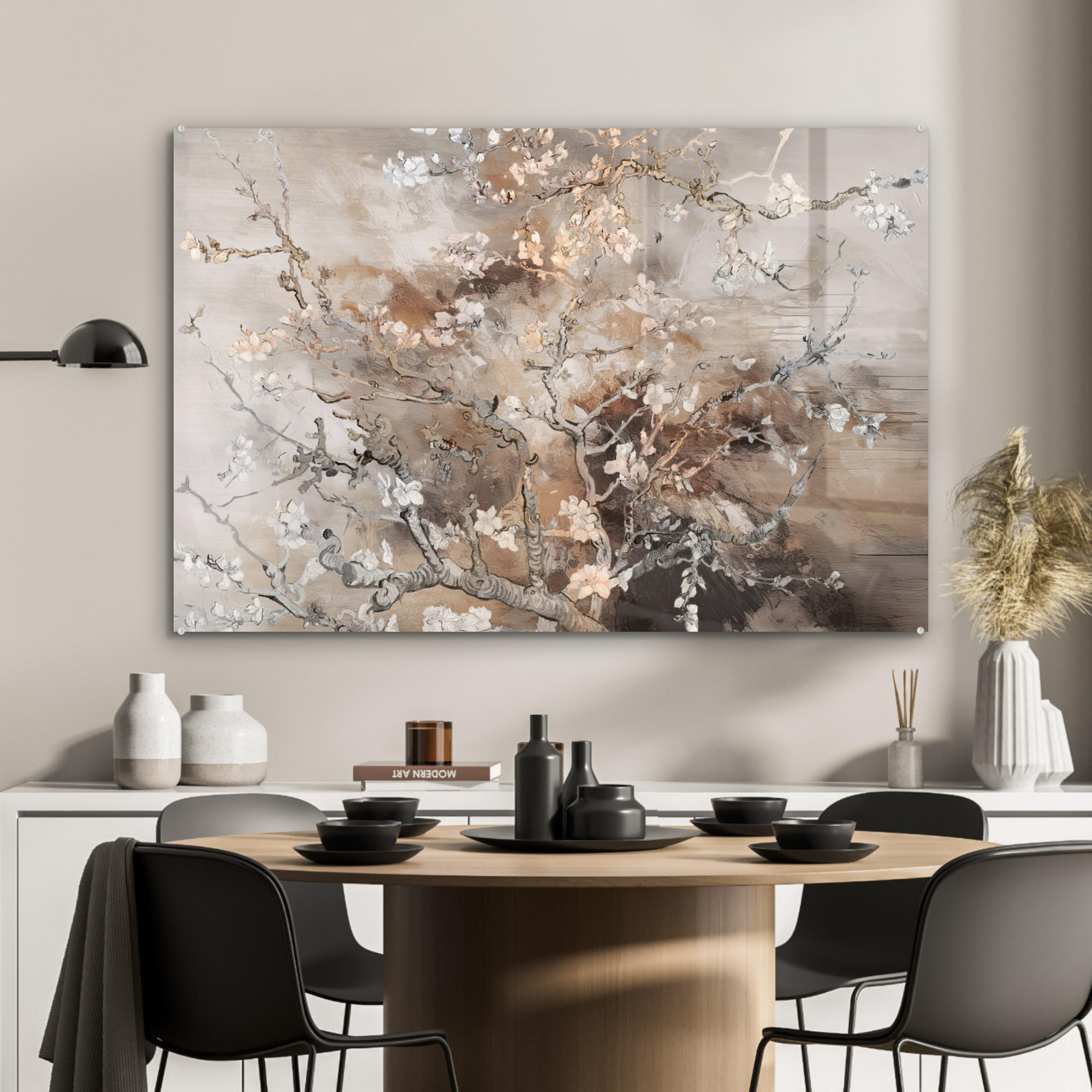 ACRYLGLASBILD Mandelblüte - Kunst - Van Gogh - Beige - Abstrakt 90x60 cm - Braun, Glas (90/60cm) - MuchoWow