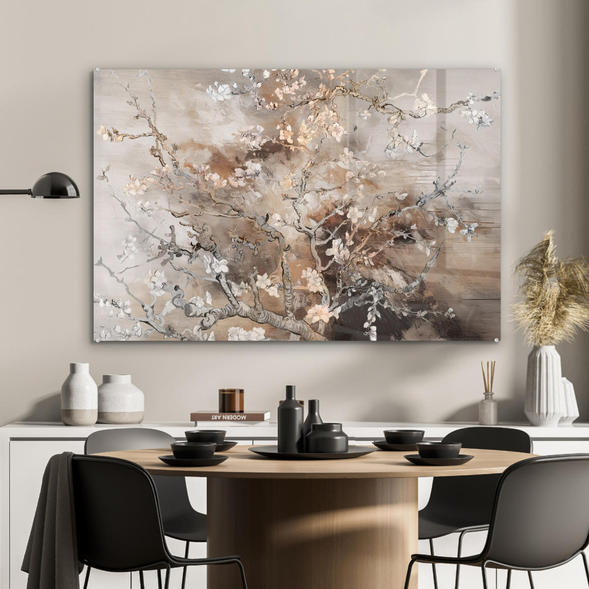ACRYLGLASBILD Mandelblüte - Kunst - Van Gogh - Beige - Abstrakt 120x80 cm - Braun, Glas (120/80cm) - MuchoWow