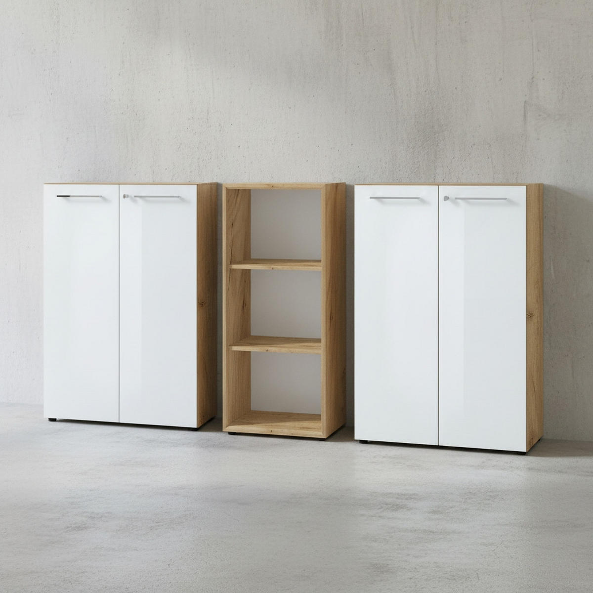 BÜRO-SET MUENCHEN 3-teilig | 2 Kommode x Regal | Glas Front & Abschließbar | Chalet-Eiche-Nb./Weiß - Weiß, Holzwerkstoff/Metall (240/120/37cm) - KADIMA DESIGN