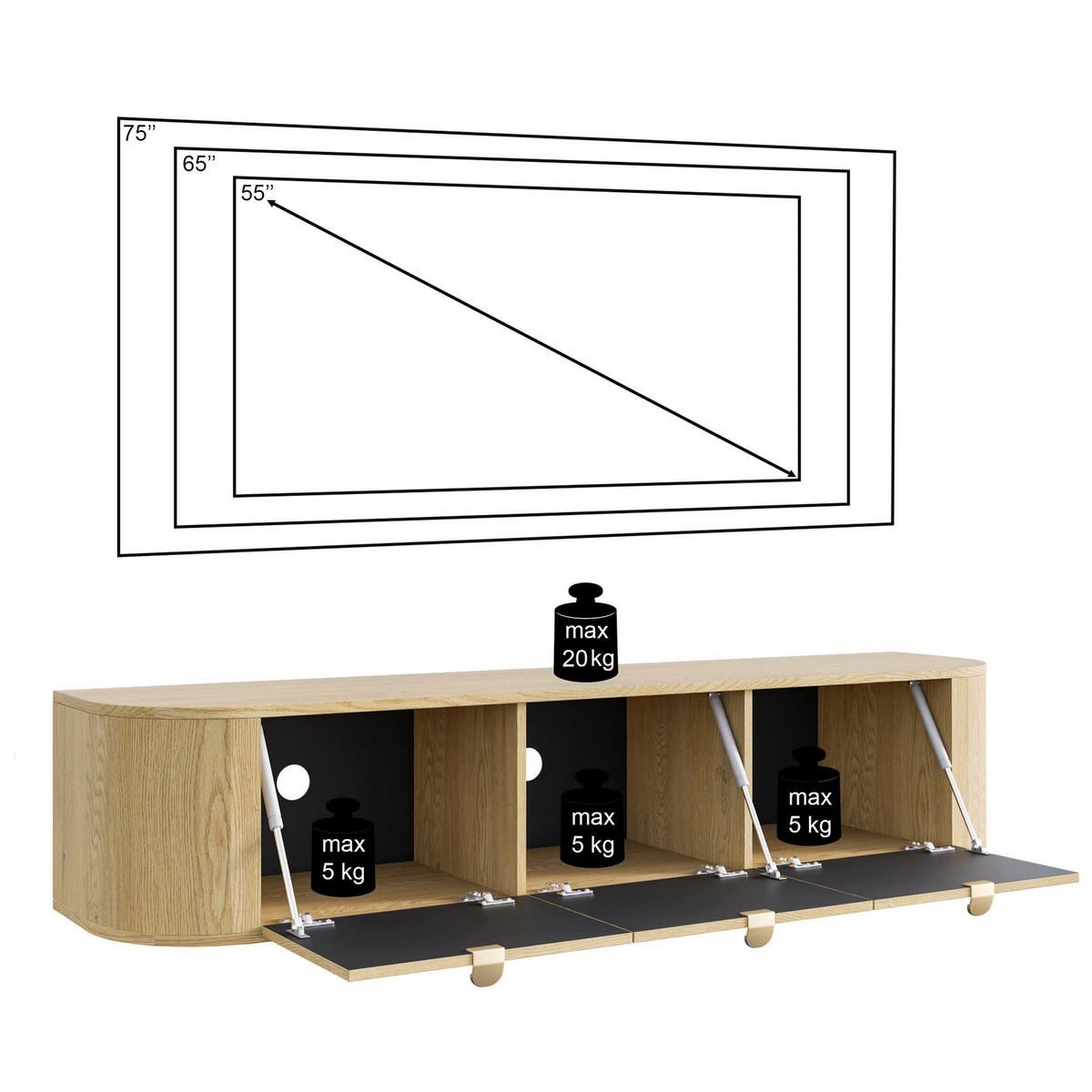TV stolek Coru závěsný se 3 výklopnými dvířky, 175cm - zlatá/barva dubu, kov/kompozitní dřevo (175.4/35/39.1cm) - Selsey