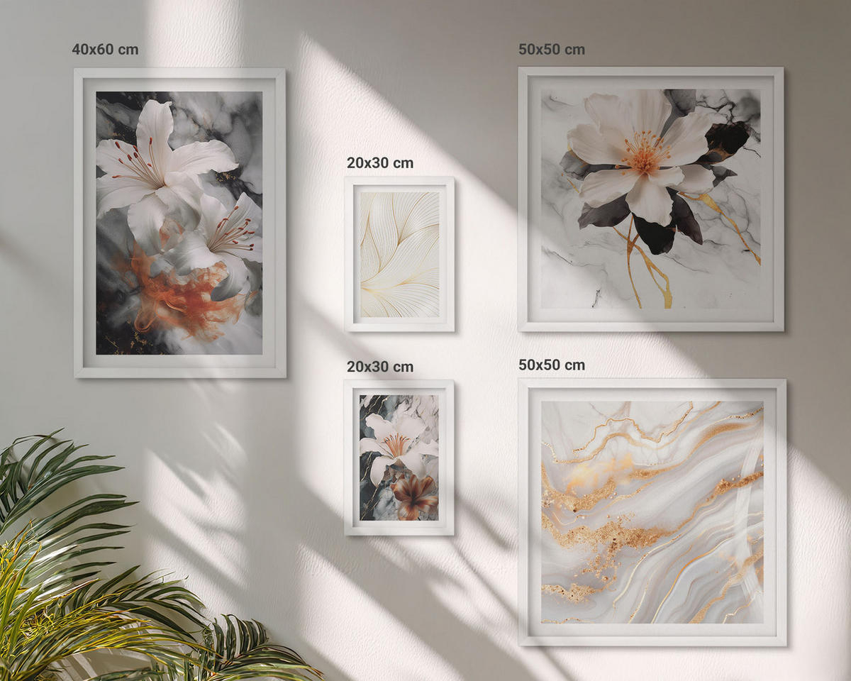 WANDBILDER 5er-Set - 50x50 cm & 20x30 cm & 40x60 cm Weißer Rahmen - Blumen Marmor weiß schwarz - Weiß, Kunststoff (40/60cm) - ArtPrintCave