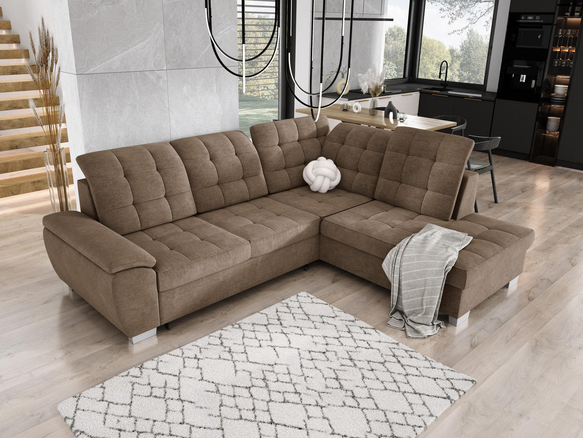 ECKSOFA LOTTA L-förmig Bettkasten verstellbare Kopfstützen hochwertige Verarbeitung lose Rückenkissen freistehend RECHTS 258x212x106 cm Cappuccino - Cappuccino, Holz/Textil (258/212cm) - DomoHome