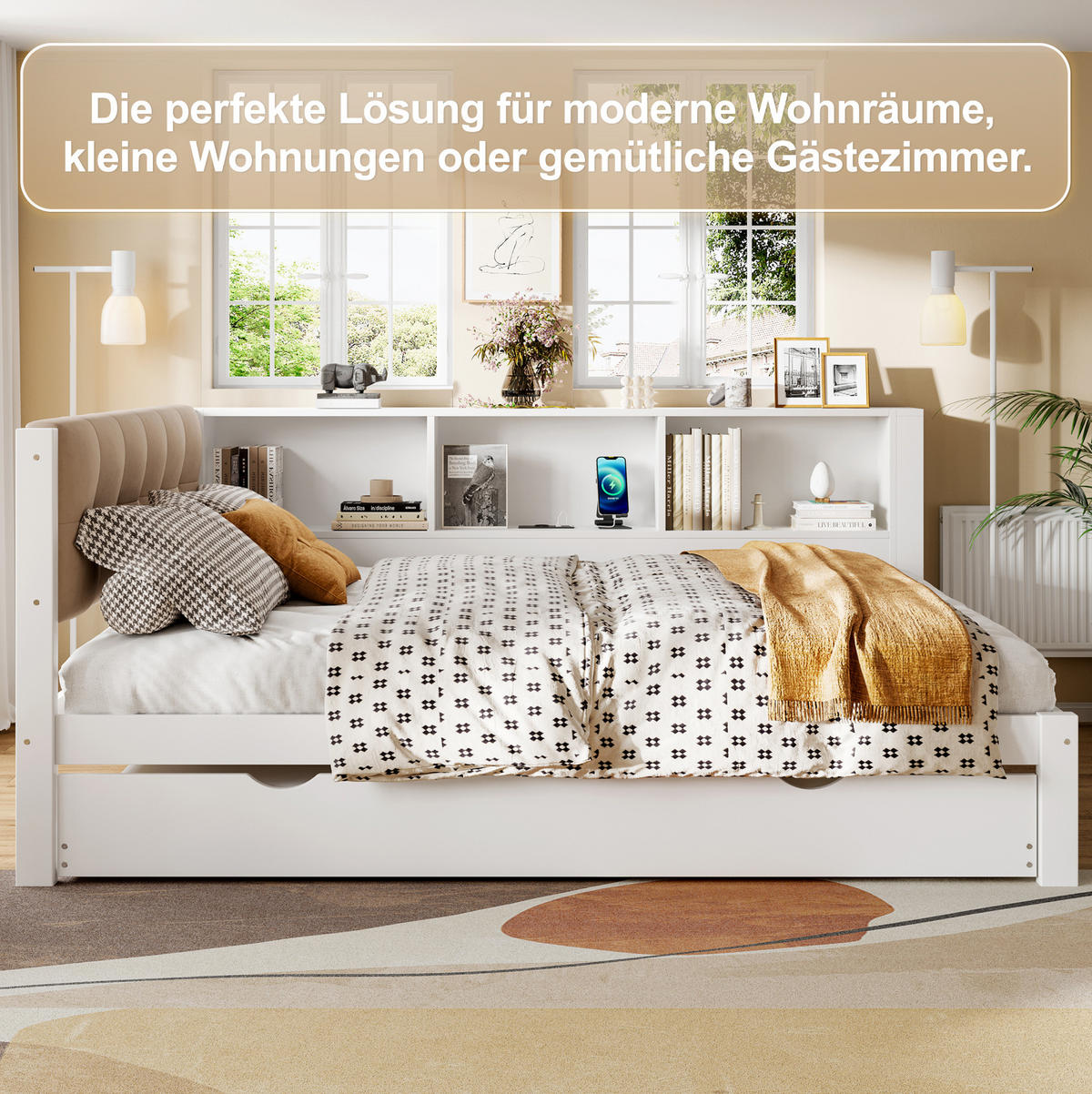 TAGESBETT 140/200 cm Weiß aus Kiefernholz und MDF mit Ausziehbett, Regal, USB-Anschluss und LED-Leiste - Weiß, Holz (140/200cm) - OKMYHOME