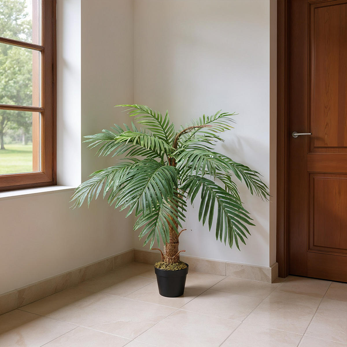 TOPFPFLANZE Palme 100 cm aus Kunststoff für Wohnraumdekoration Künstlich naturgetreu pflegefrei, mit Kunststofftopf Stabil - Schwarz/Braun, Kunststoff (100cm) - Livingandhome
