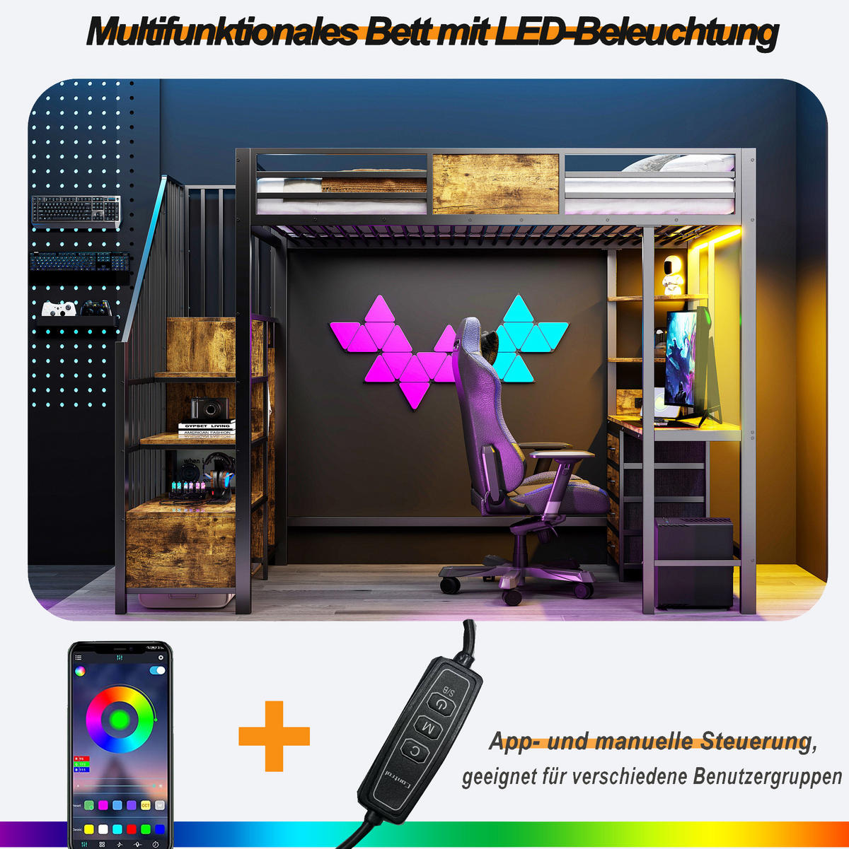 HOCHBETT aus Metall und MDF 90x200 cm Schwarz mit Schreibtisch, Stauraum, LED-Beleuchtung und Steckdose - Schwarz, Metall (90/200cm) - IVMEU