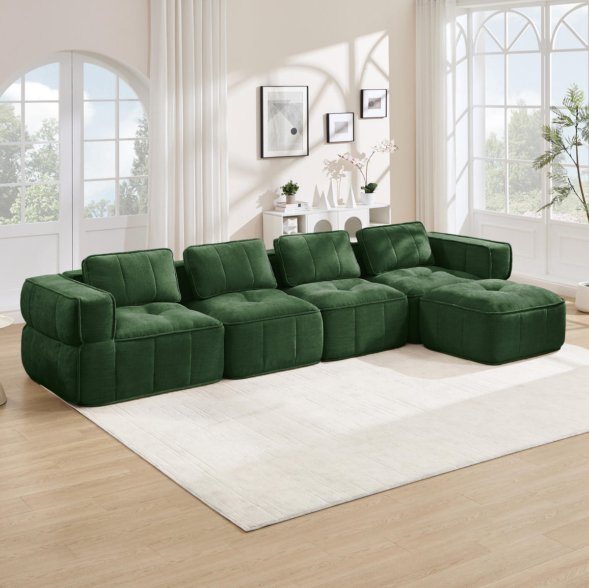 ECKSOFA 344/162/67 cm in Grün aus Polyester mit Hocker - Grün, Kunststoff (162/344cm) - Flora Grace
