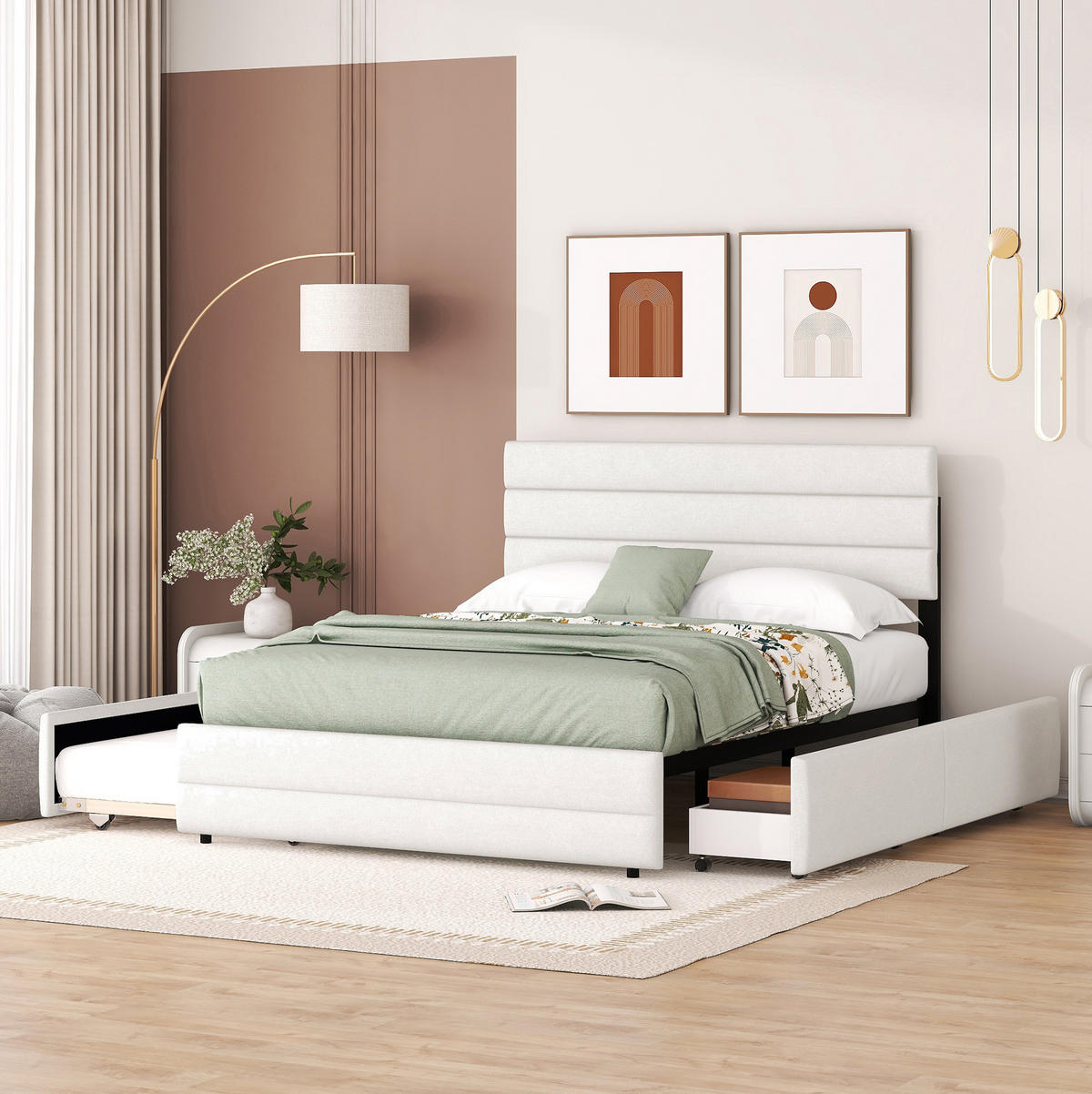 BETT mit Ausziehbett und 2 Schubladen 140x200 cm Beige - Beige, Holz (140/200cm) - Meubliv