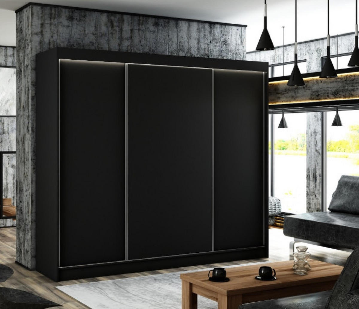 SCHRANK Schwarz BERGO Schiebetür 250 cm Mit Regalen - Schwarz, Holzwerkstoff (250/215/61cm) - Sepro Meble