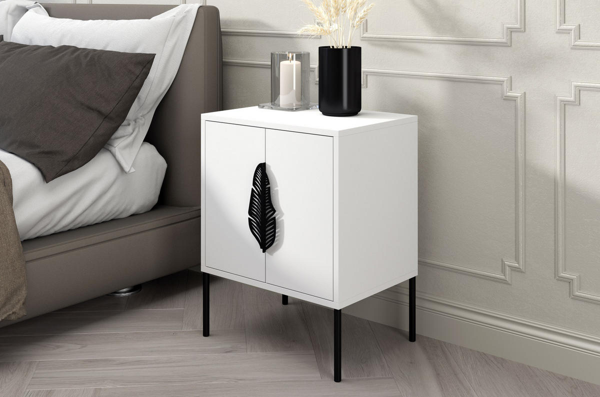 NACHTTISCH Merlin, Weiß, Schwarze Details - Schwarz/Weiß, Holzwerkstoff/Metall (54/69/40cm) - Skandica