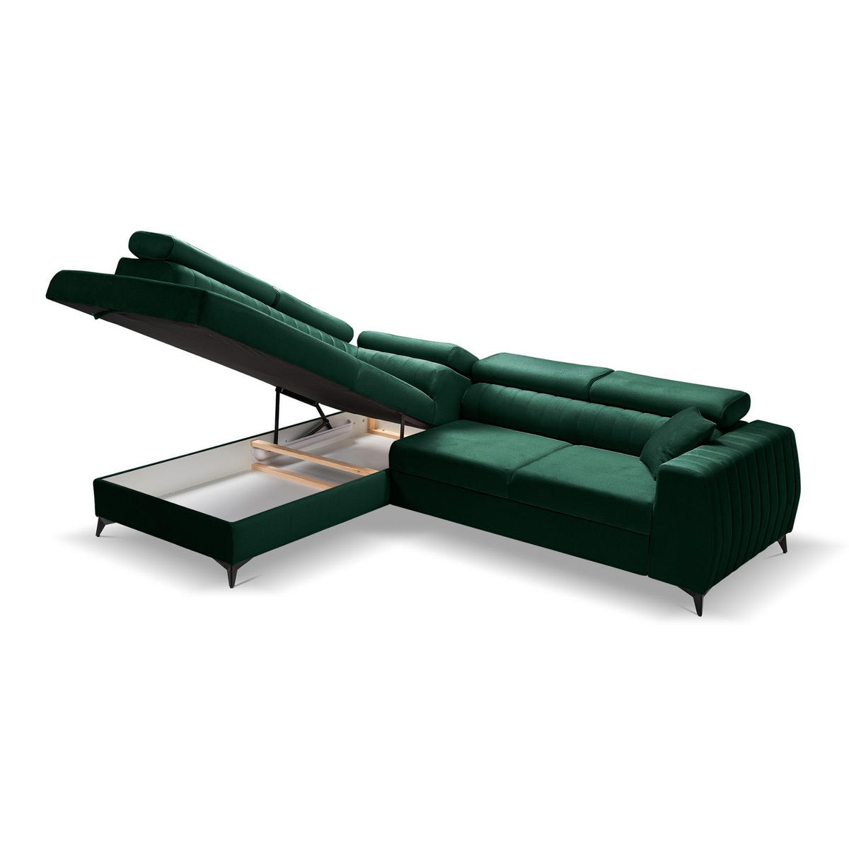 ECKSOFA PIERO L Links mit Schlaffunktion 195x125 Velours Dunkelgrün - Dunkelgrün/Schwarz, Holz/Textil (268/203cm) - Muffo