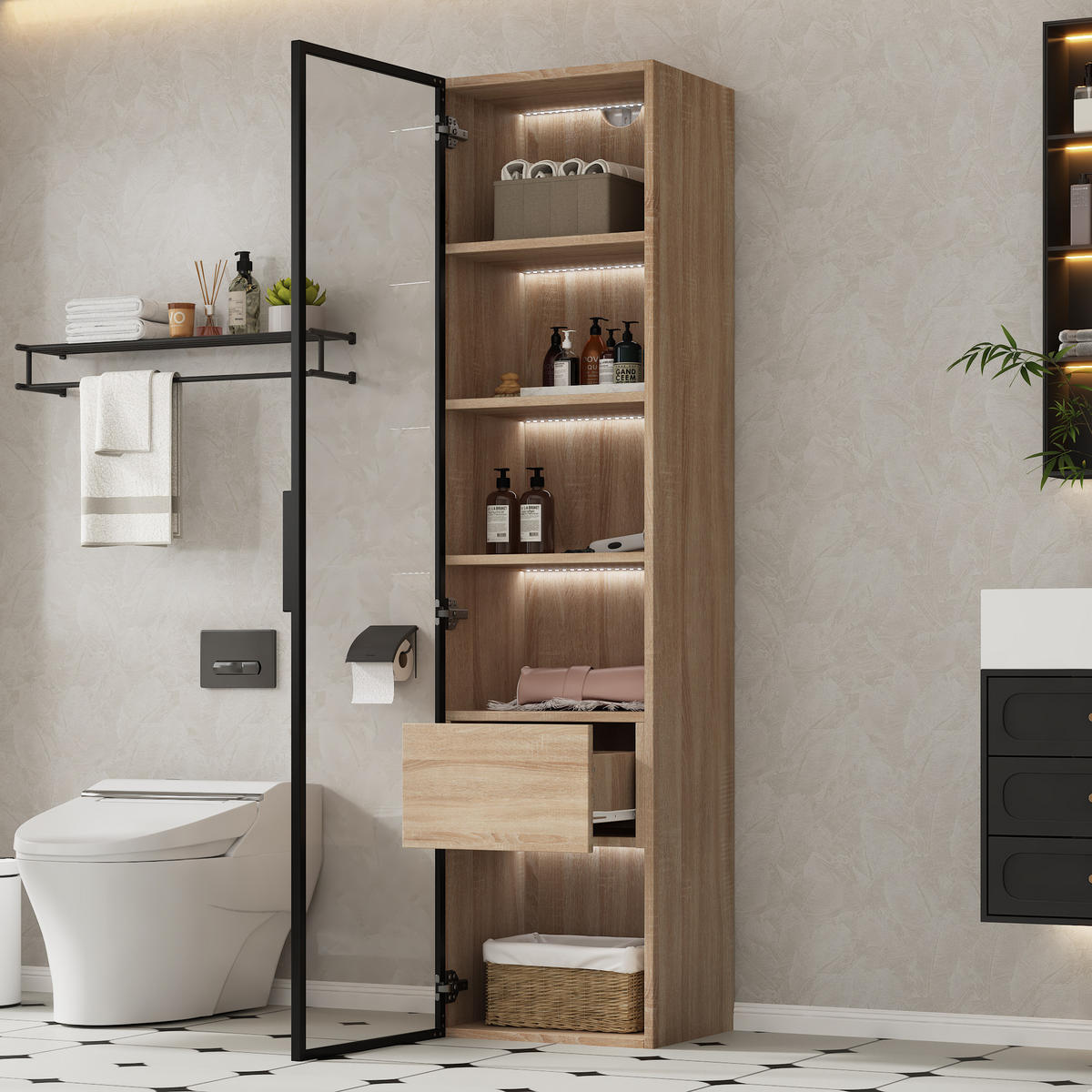 BADEZIMMERSCHRANK in Naturfarbe Highboard mit Lichtleiste und Schubladen für Badezimmer, B404/T34.5/H165 cm - Naturfarben, Glas/Holzwerkstoff (40/165/34.5cm) - STILVORA