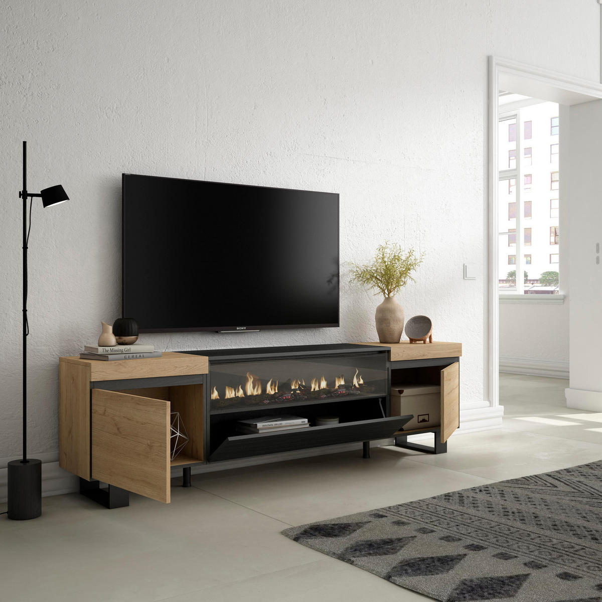 LOWBOARD Elektrokamin, eiche, schwarz, 200/35/57cm - Eichefarben/Naturfarben, Holzwerkstoff (200/57/35cm) - Skraut Home