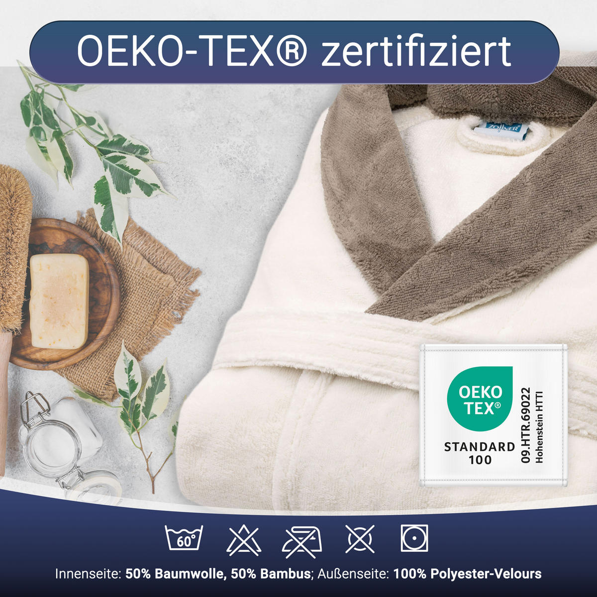 BADEMANTEL, XL, Außen: 100% Polyester; Innen: 50% Bambus-Viskose, 50% Baumwolle , Beige - Creme, Textil (XLnull) - Zollner