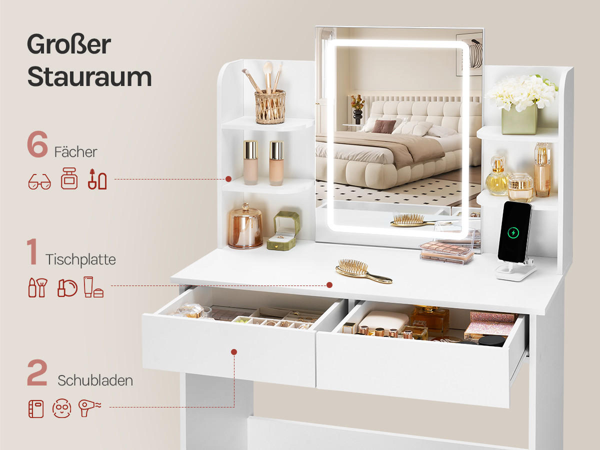 SCHMINKTISCH mit LED-Beleuchtung Spiegel Weiß - Weiß, Glas/Holzwerkstoff (90/135/40cm) - Woltu