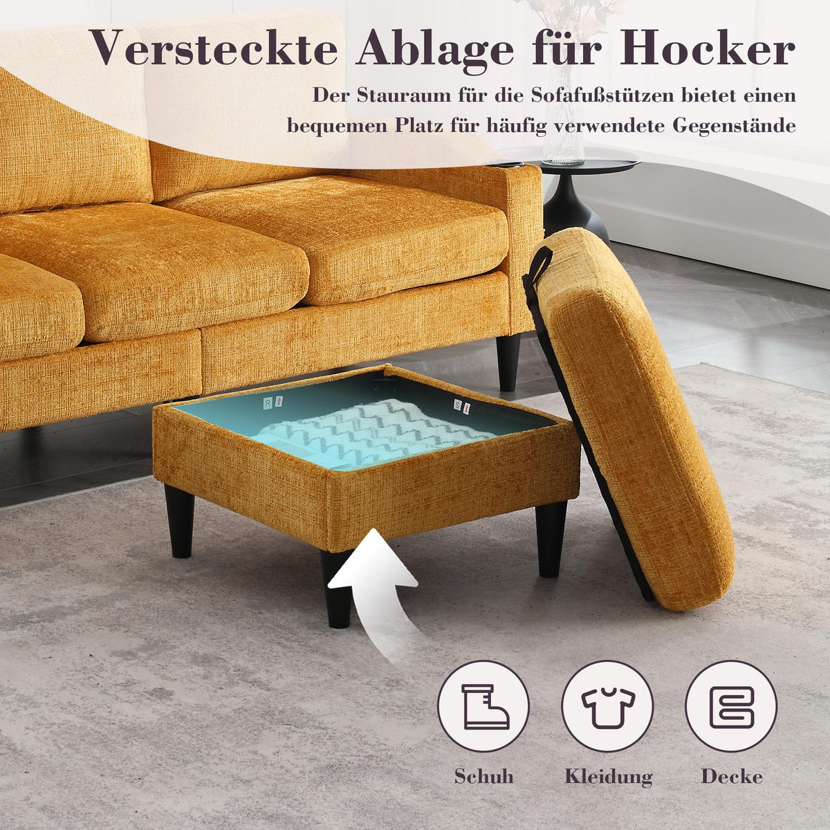 ECKSOFA 163/121/66 cm Gelb mit 1 Aufbewahrungshocker, Aufbewahrungstasche und Getränkehalter - Gelb, Textil (196.5/75cm) - Oxeza
