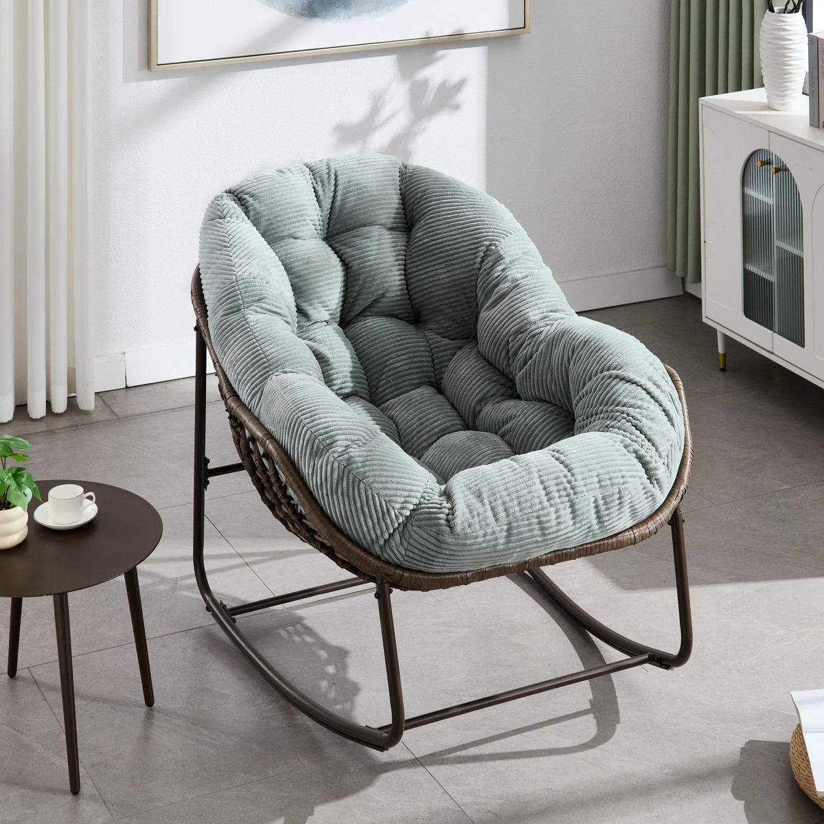 SCHAUKELSTUHL Schaukelsessel,Rattanstuhl mit Stahlrahmen,Grün-Cord - Mintgrün, Metall (94.5/80/111cm) - LVHOM