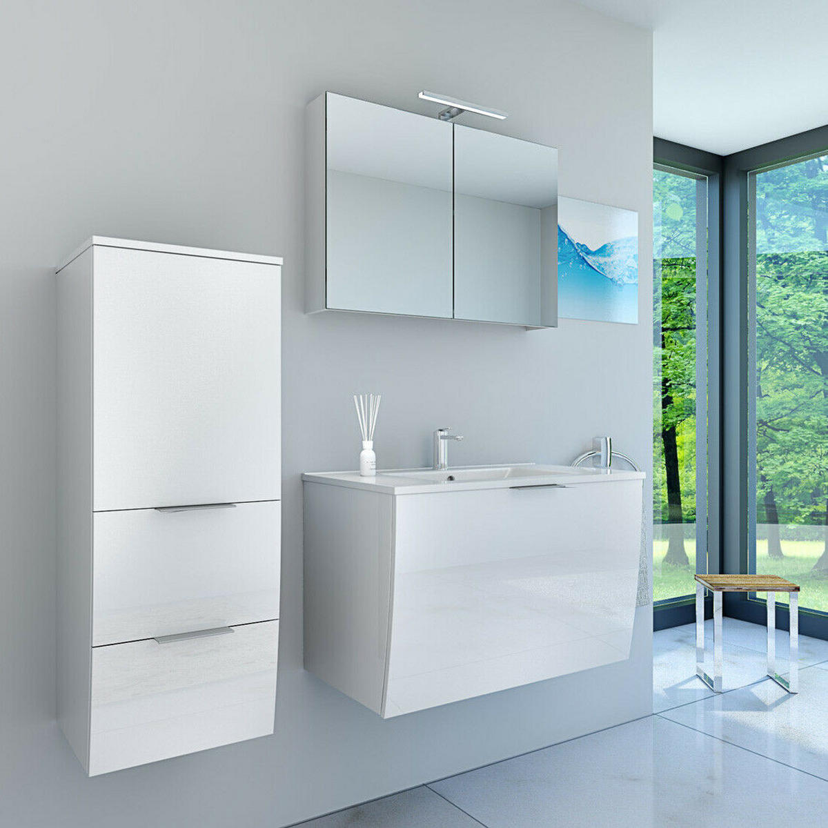 BADMÖBEL Set Gently 1 V2 L Weiß MDF Waschtisch 80cm - Weiß, Glas/Kunststoff (46/52/80cm) - AcquaVapore by Sandra Jentho