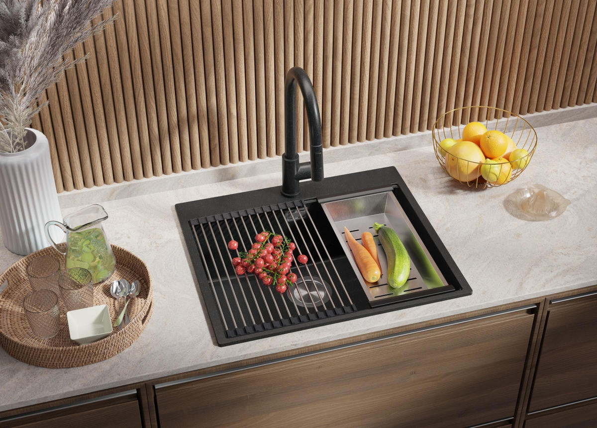 SPÜLBECKEN Oslo, 2-er set Anthrazit 58/50 cm 1 Becken + Ablauf-Set + Schneidebrett ab 60er Unterschrank - Chromfarben/Anthrazit, Kunststoff (58/20/50cm) - Primagran