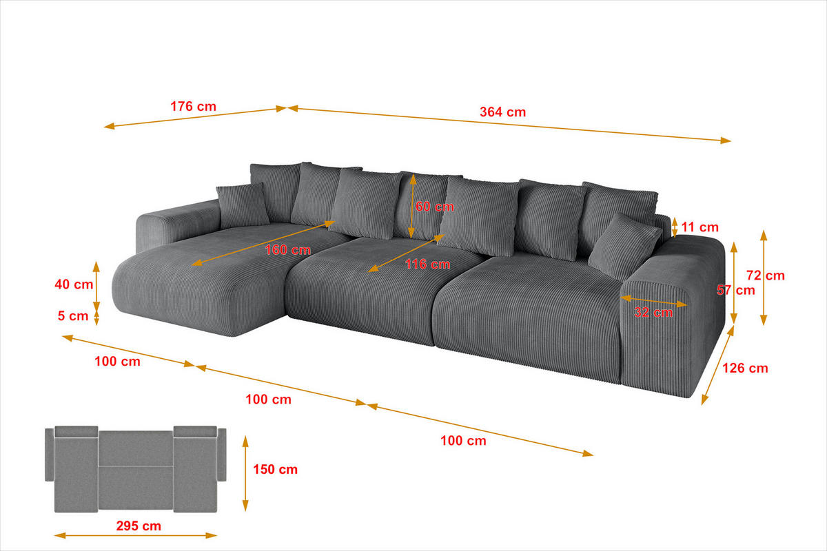 ECKSOFA Ottomane links ESKAR-L2 364x176x72 Dunkelgrau Cord - Dunkelgrau/Schwarz, Holzwerkstoff/Kunststoff (364/176cm) - ALTDECOR