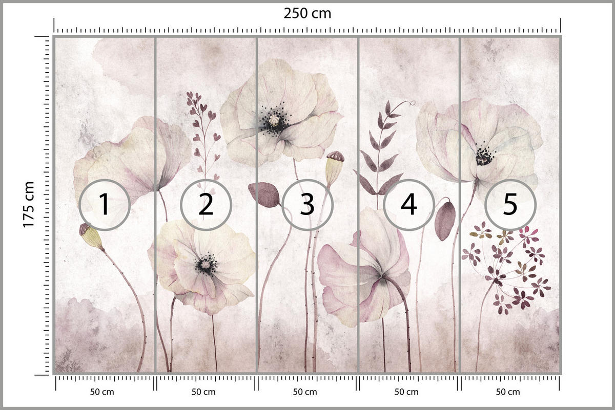 FOTOTAPETE für Schlafzimmer Zarte Mohnblumen Wiese Blumen 250x175 - Violett, Papier (250/175cm) - Muralo