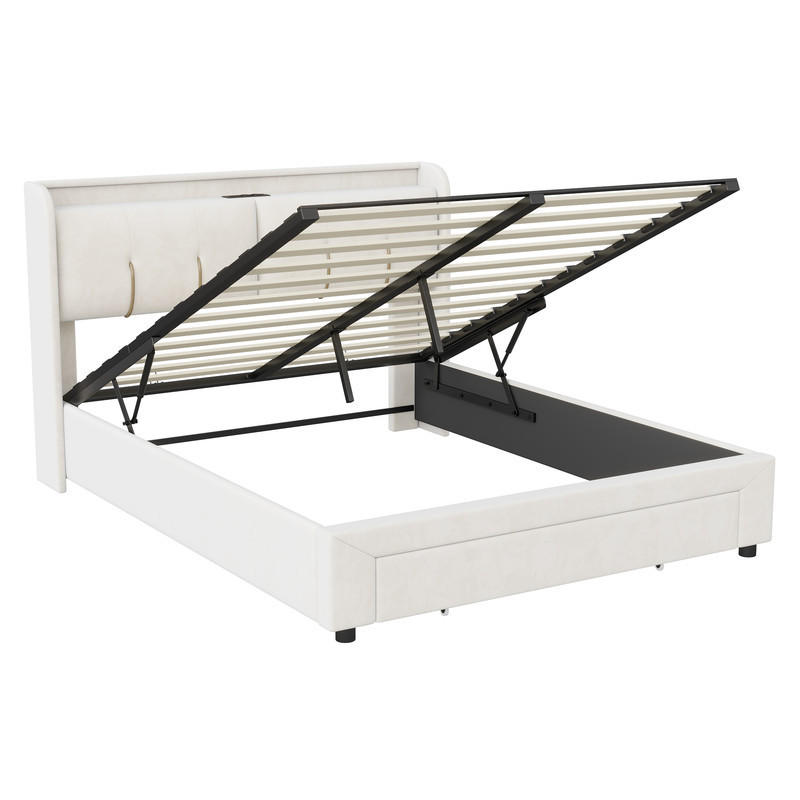 POLSTERBETT 160x200cm, Beige, Samt, mit LED-Lichtleiste und USB-Ladeanschluss, Schubladen, ohne Matratze - Beige, Holz (160/200cm) - WoodenAura