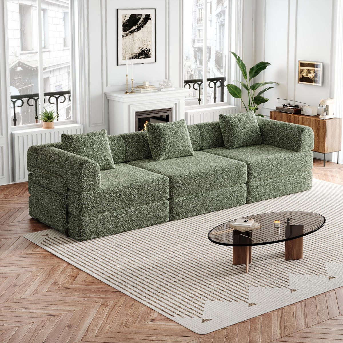 SITZGARNITUR 3-Sitzer, 2-in-1 mit Armlehnen-Staufach, DE-42730, Grün - Grün, Metall (183.5/69.8/91.4cm) - ComfortXL