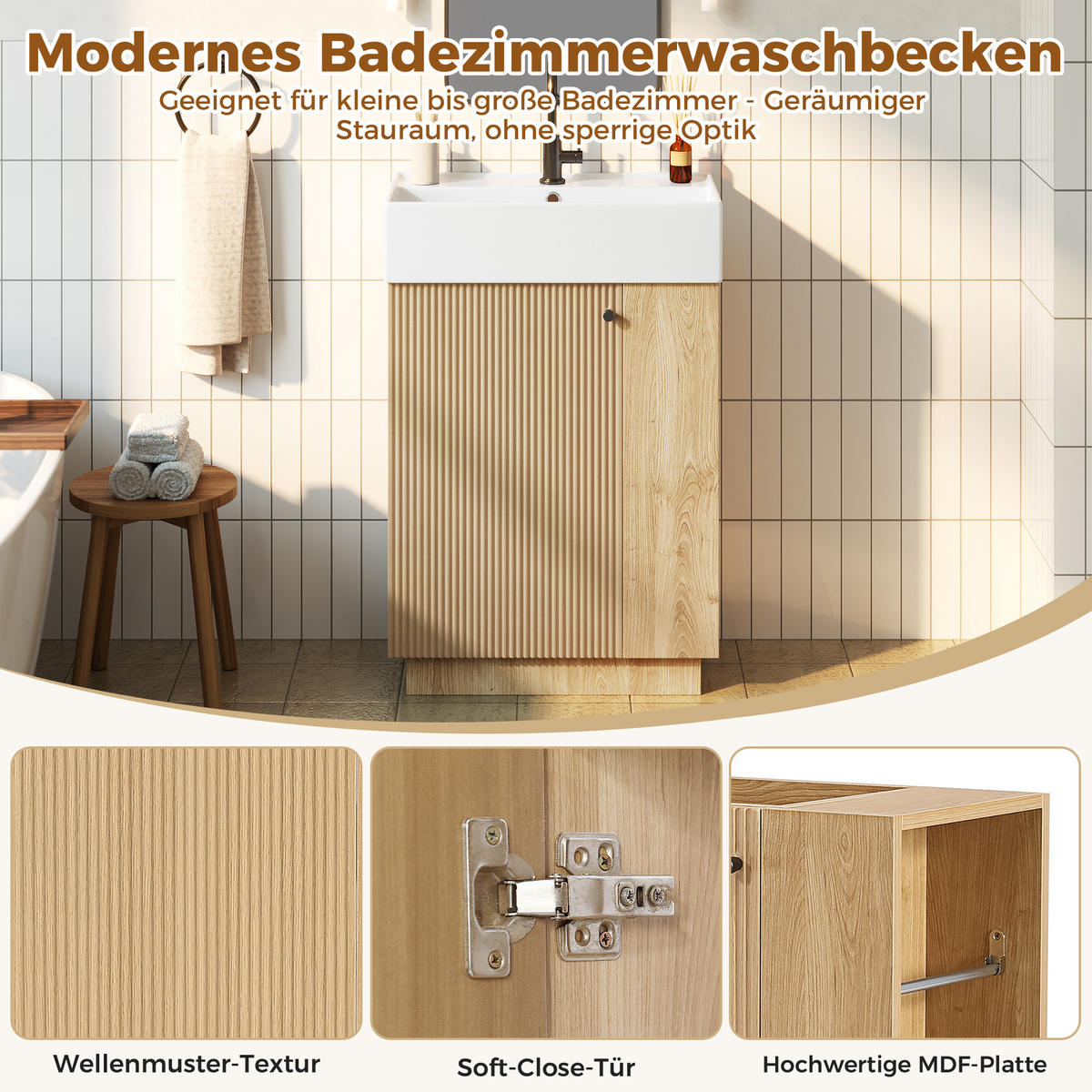 BADEZIMMERSCHRANK Waschbeckenunterschrank Rillenoptik Keramik 55cm - Naturfarben, Keramik (55/87/32cm) - FLIEKS