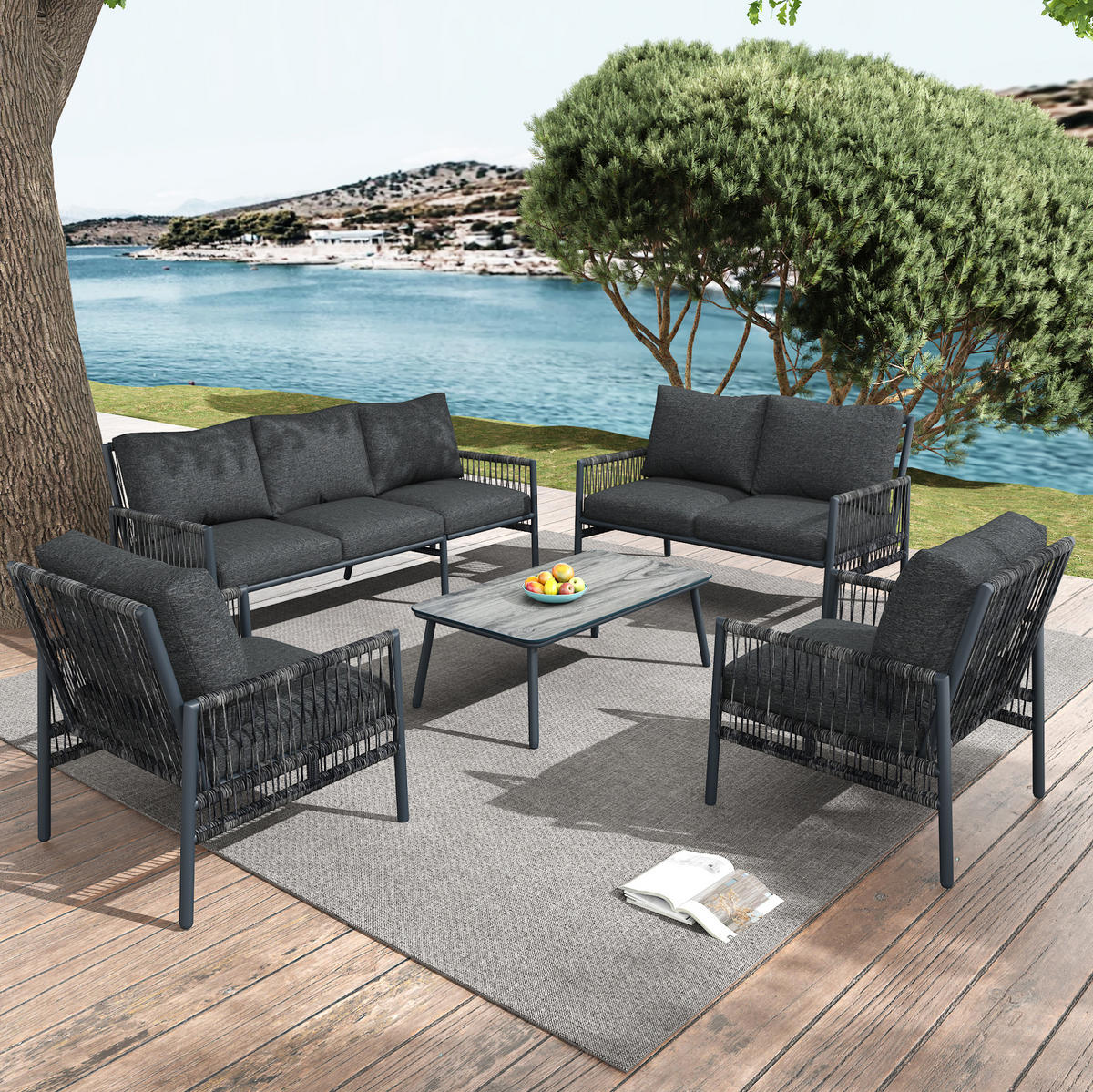 LOUNGE-SET 173/54/77 cm grau aus PE-Rattan mit Tisch und waschbaren Kissen - Grau, Metall - OKWISH