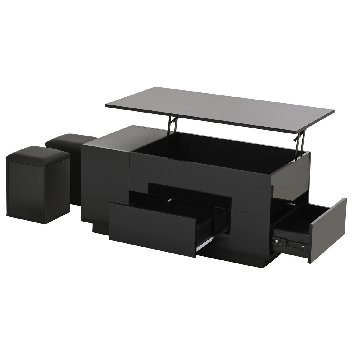 COUCHTISCH aus Spanplatte 100x50x45 cm Schwarz höhenverstellbar mit LED, Stauraum und 2 Hockern - Schwarz, Holzwerkstoff (100/50/45cm) - IVMEU