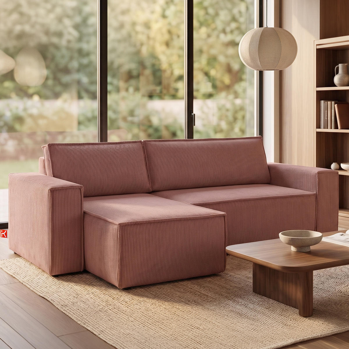 ECKSOFA-LINKS/RECHTS NAPI Schlaffunktion mit Cordbezug, Rosa - Pink/Schwarz, Textil (262/148cm) - KONSIMO®