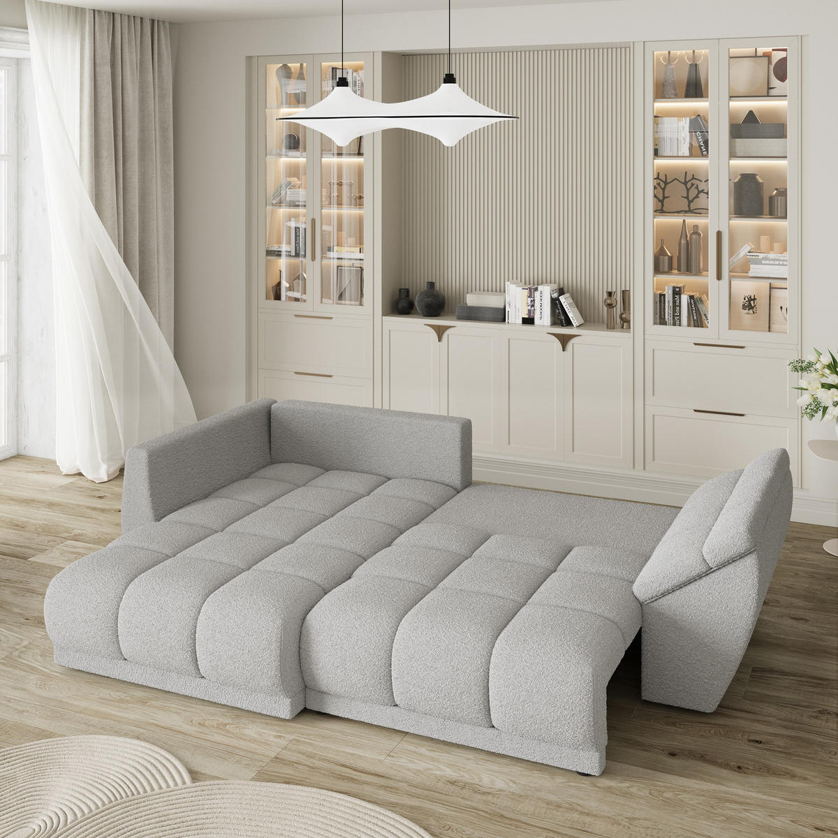 ECKSOFA ORENTI L-S Hellgrau Boucle-Stoff mit Schlaffunktion - Hellgrau, Holz (287/182cm) - MASSENO