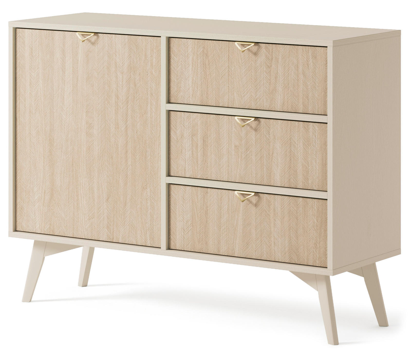 KOMMODE Silva 106 cm in Sandbeige + Scandi-Fischgrätmuster mit Türen und Schubladen - Beige/Goldfarben, Holz/Holzwerkstoff (106/81/38cm) - Ravio
