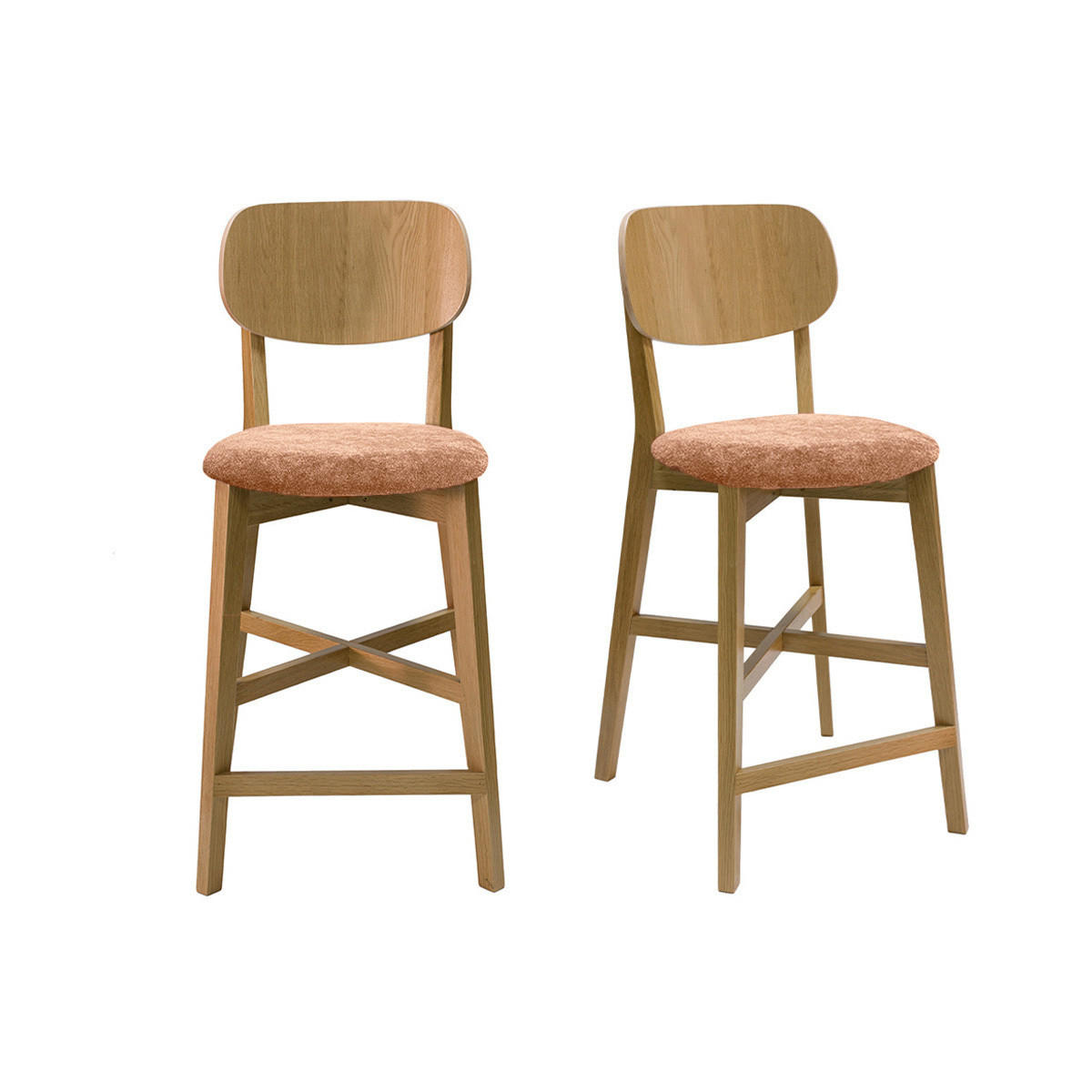BARHOCKER Helles Eichenholz Stoff Samteffekt Terracotta H65 cm 2er-Set LUCIA - Terracotta, Holz (54/102/43cm) - Miliboo