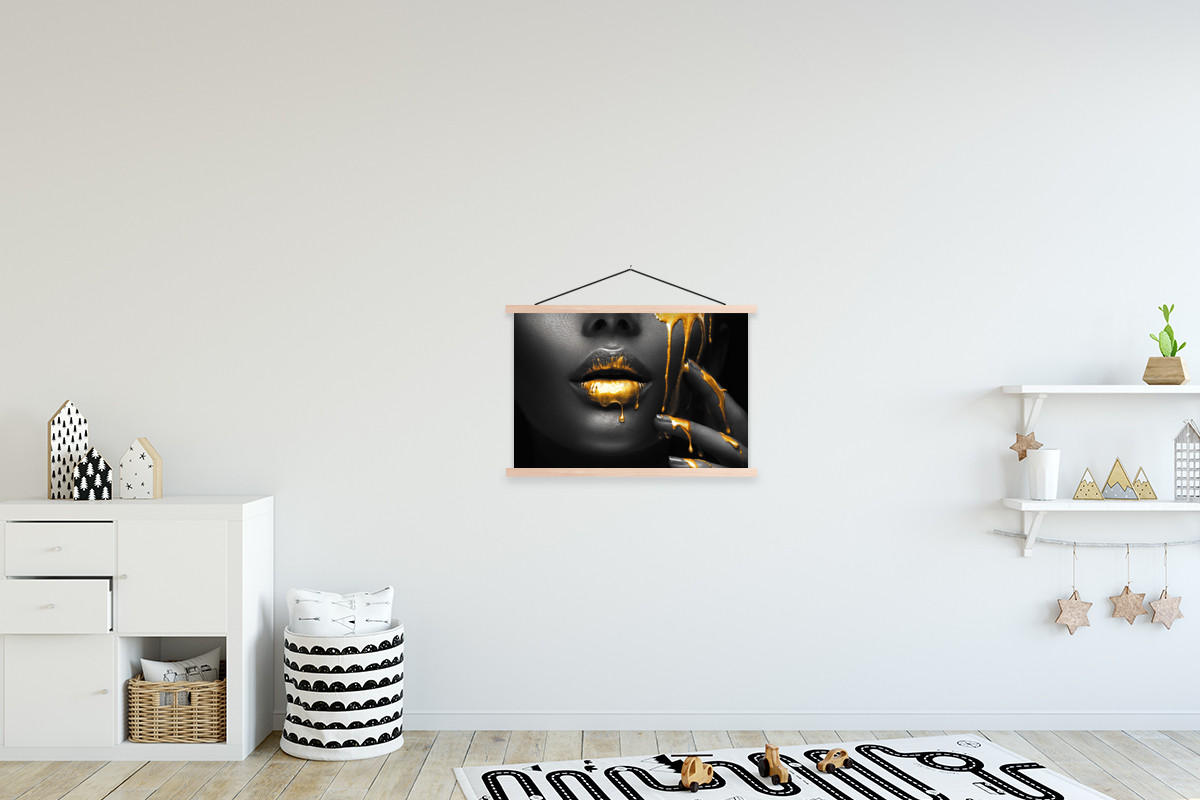 POSTER Frau - Schwarz - Gold - Gesicht - Lippen 60x40 cm - Goldfarben, Textil (60/40/0.15cm) - MuchoWow