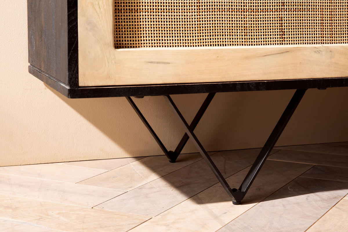 SIDEBOARD – Mango Massivholz/Rattan, 175x75x45 cm, 3 Türen, schwarz/braun - Schwarz, Holz/Metall (175/75/45cm) - KADIMA DESIGN