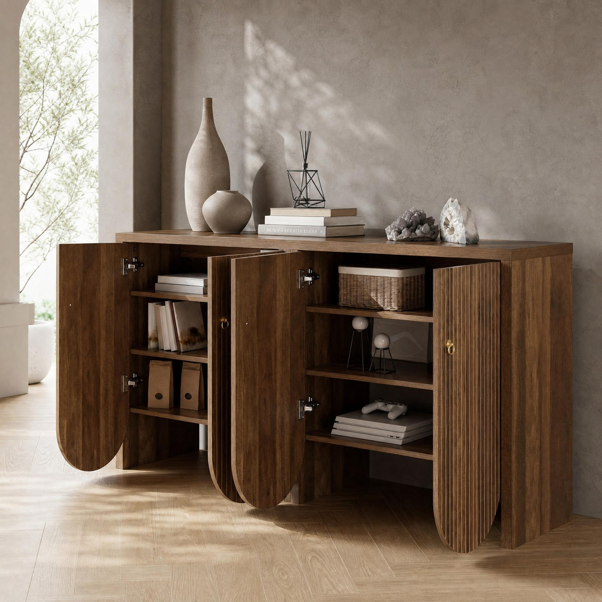 SIDEBOARD in Holzoptik Anrichte mit verstellbaren Einlegeböden für Wohnzimmer und Esszimmer, B147/T40/H80 cm - Walnussfarben, Holzwerkstoff/Metall (147/80/40cm) - STILVORA