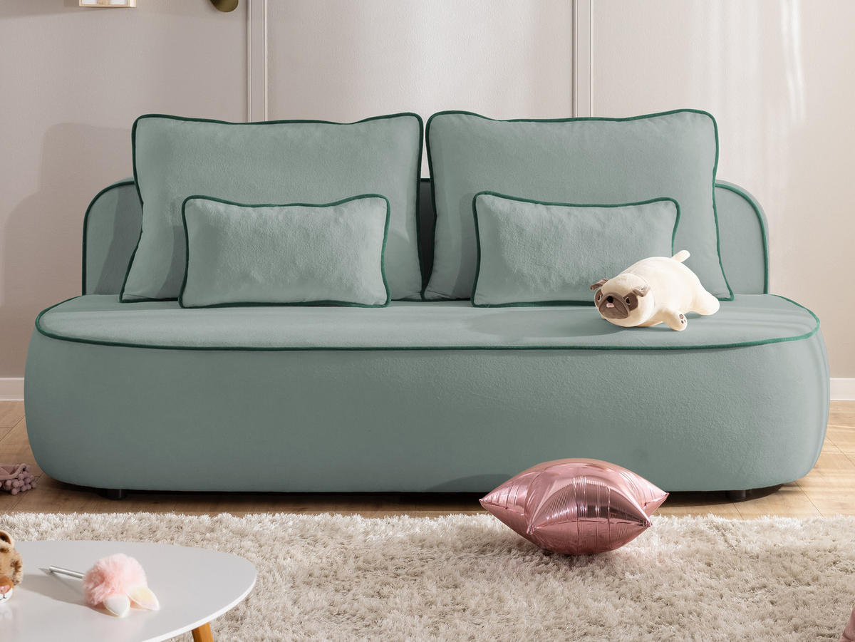 KINDERSOFA Vero im modernen und abgerundeten Design mit Schlaffunktion und Bettkasten aus Blaugrau Plüschstoff mit petrolfarbener Paspel - Blaugrau/Schwarz, Holz/Kunststoff (210/90/98cm) - S-Style Möbel