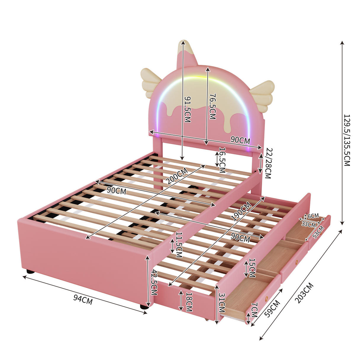 KINDERBETT 90/200 cm Einhornform mit ausziehbarem Rollbett aus PU in Rosa - Rosa, Kunststoff (90/200cm) - OKWISH