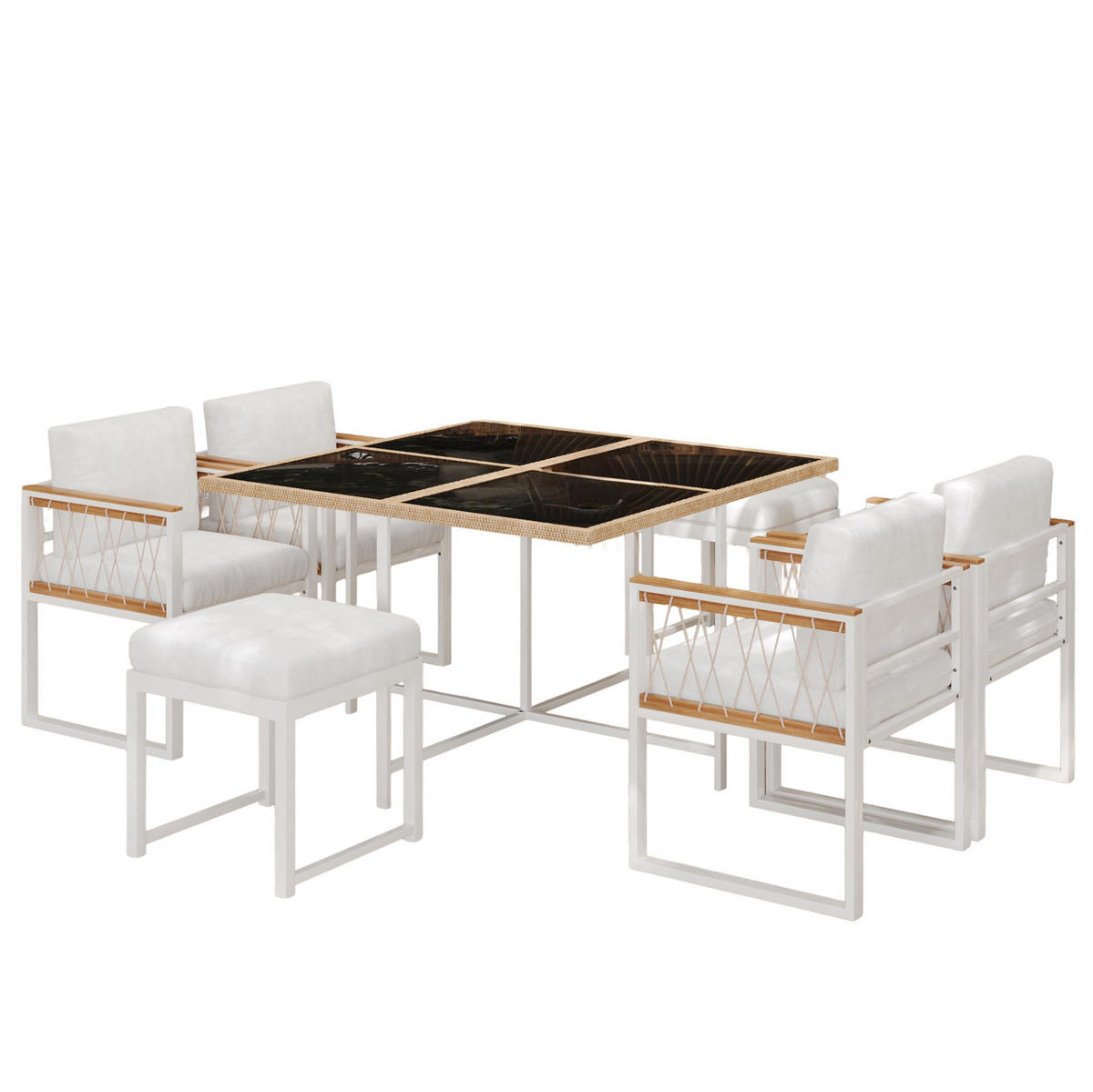 GARTENMÖBELSET 7-tlg. mit Tisch, 4 Sesseln und 2 Hockern 117 x 117 cm Natur/Weiß - Weiß, Metall - Beauniv