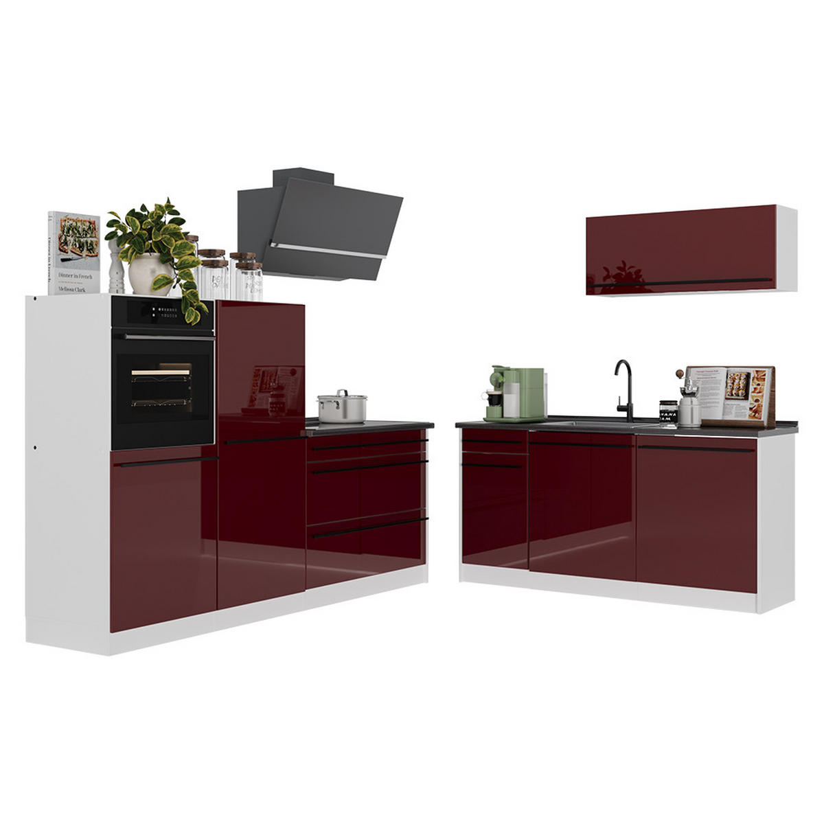 KÜCHENZEILE R-Line, Rot Hochglanz/Weiß, 220 cm Arbeitsplatte Anthrazit - Rot/Weiß, Holzwerkstoff (220/143/60cm) - Vicco